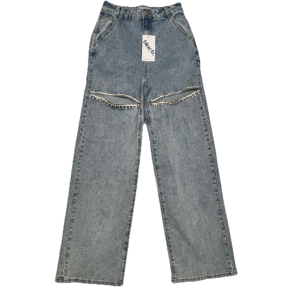 NWT Blue B Collection Rhinestone Cut Out Front Fringe Denim Jeans Light Wash Sm